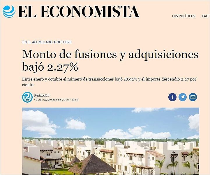 Monto de fusiones y adquisiciones baj 2.27%